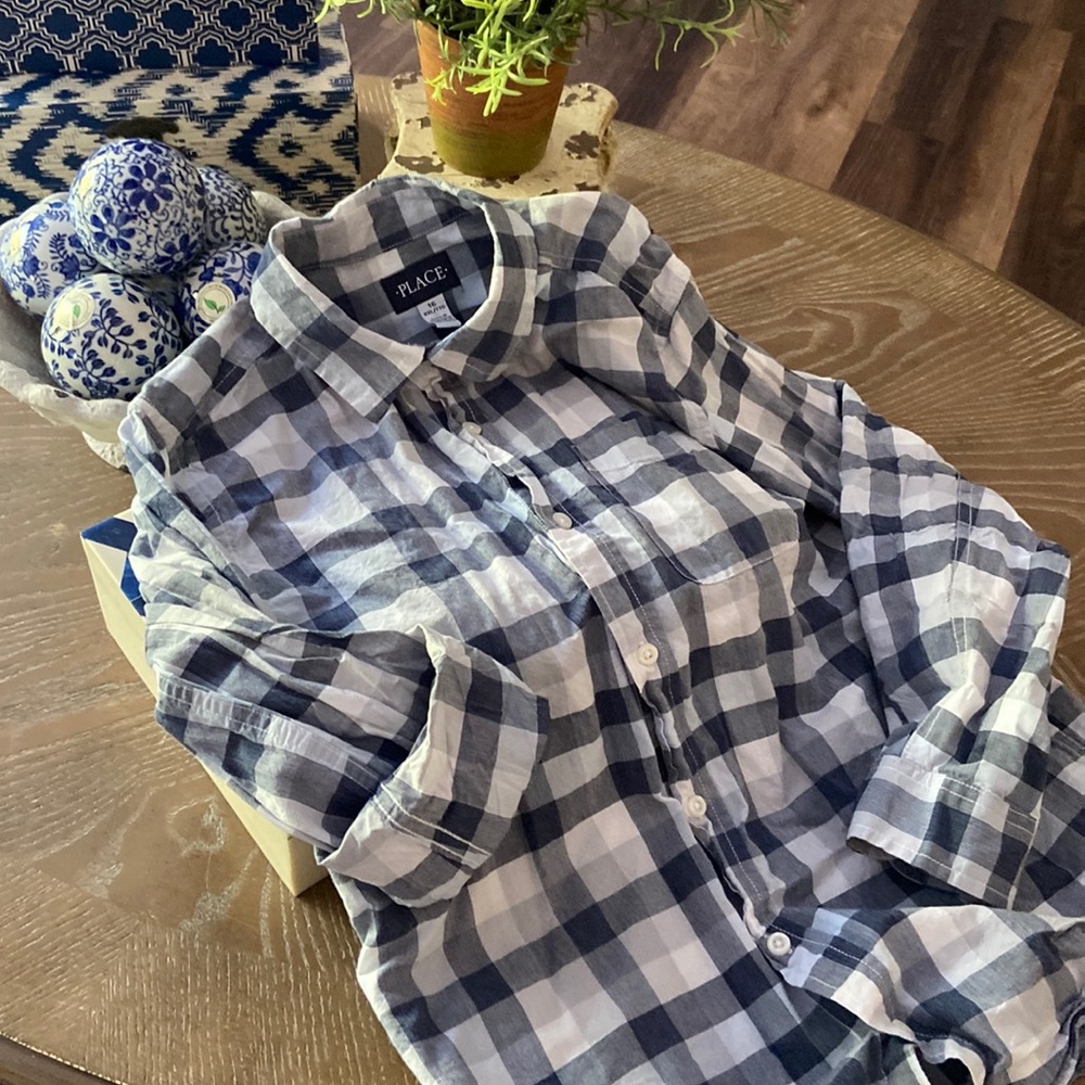 Big Boys Plaid Check Gray Navy Blue & White Long Sleeve Button Down Shirt
